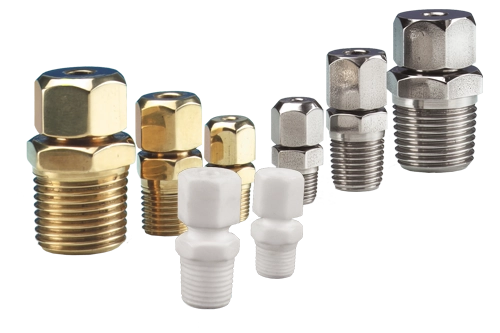 Compression fittings and feedthroughs shown in stainless steel, brass and PTFE